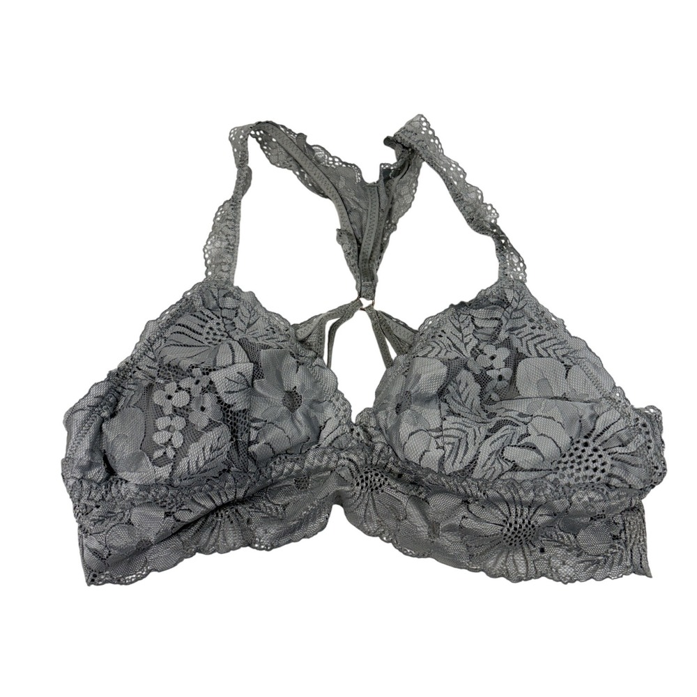 Aerie Grey Floral Lace Bralette Racerback Strappy Lined Bra Size Medium